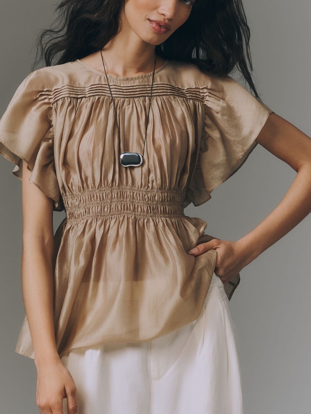 Anthropologie Shirred Short Sleeve Blouse Smocked New XL Khaki Tan